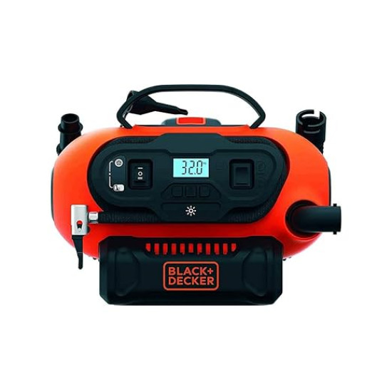 Black + Decker BDCINF18N-QS 160PSI AC/DC Multipurpose Cordless Tyre Inflator with Digital Guage, Autocut off system and 2 operating modes for Car and Home