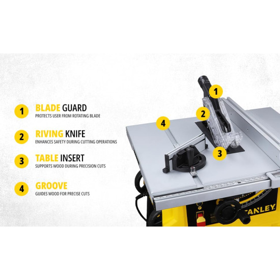 STANLEY SST1801 1800W 254mm Table Saw for Heavy-Duty Applications & Cutting Plywood, 150-hours Runtime, Compatible with 10” Cutting Blades(58 cm Length & 39 cm Width), 1 Year Warranty, YELLOW & BLACK