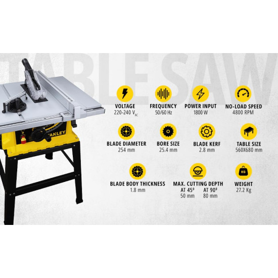 STANLEY SST1801 1800W 254mm Table Saw for Heavy-Duty Applications & Cutting Plywood, 150-hours Runtime, Compatible with 10” Cutting Blades(58 cm Length & 39 cm Width), 1 Year Warranty, YELLOW & BLACK
