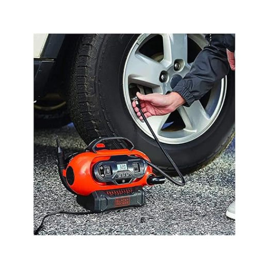 Black + Decker BDCINF18N-QS 160PSI AC/DC Multipurpose Cordless Tyre Inflator with Digital Guage, Autocut off system and 2 operating modes for Car and Home