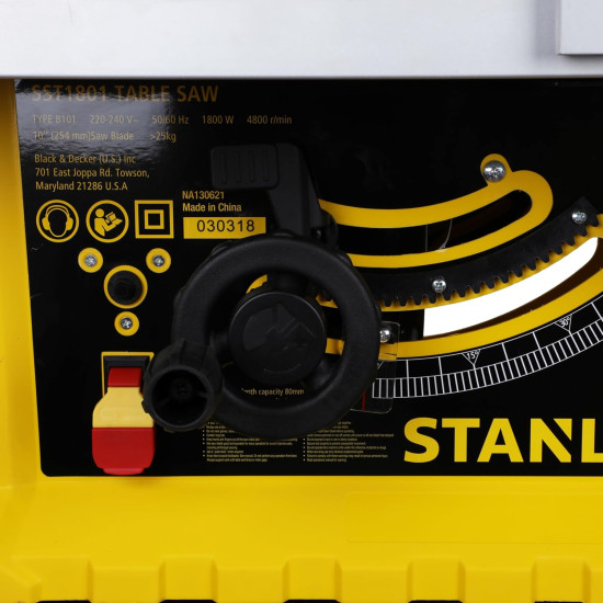 STANLEY SST1801 1800W 254mm Table Saw for Heavy-Duty Applications & Cutting Plywood, 150-hours Runtime, Compatible with 10” Cutting Blades(58 cm Length & 39 cm Width), 1 Year Warranty, YELLOW & BLACK