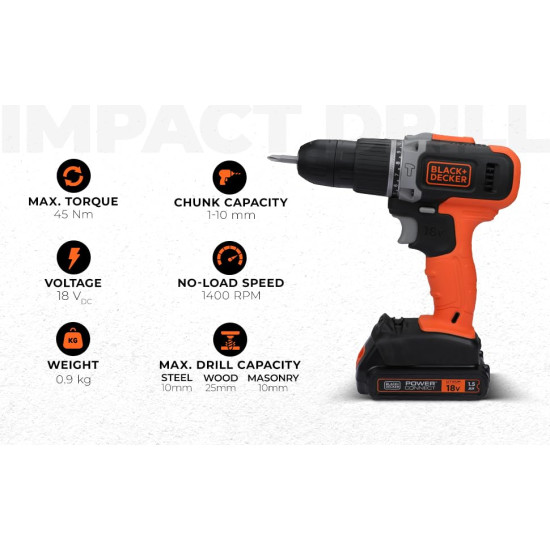 Black + Decker Bcd003C1 18V 10Mm Cordless Variable Speed Hammer Drill Machine With 1X1.5Ah Li-Ion Battery & Led Backlight For Home & Diy Use, 1 Year Warranty, Orange & Black Black + Decker Bcd003C1 18V 10Mm Cordless Variable Speed Hammer Drill Machine With 1X1.5Ah Li-Ion Battery & Led Backlight For Home & Diy Use, 1 Year Warranty, Orange & Black