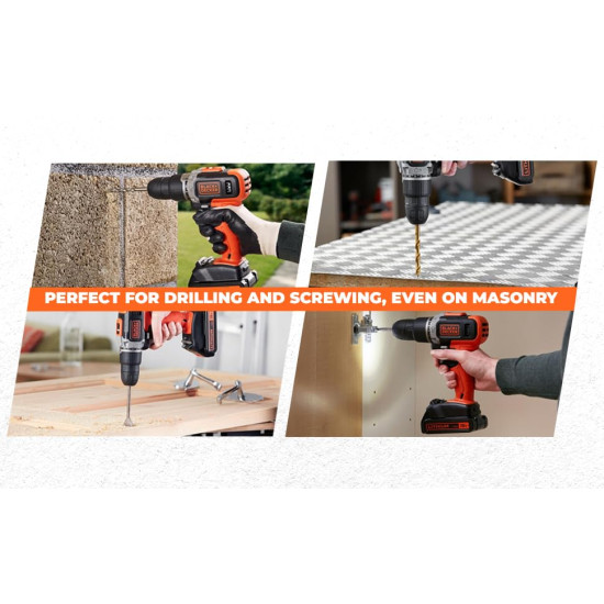 Black + Decker Bcd003C1 18V 10Mm Cordless Variable Speed Hammer Drill Machine With 1X1.5Ah Li-Ion Battery & Led Backlight For Home & Diy Use, 1 Year Warranty, Orange & Black Black + Decker Bcd003C1 18V 10Mm Cordless Variable Speed Hammer Drill Machine With 1X1.5Ah Li-Ion Battery & Led Backlight For Home & Diy Use, 1 Year Warranty, Orange & Black