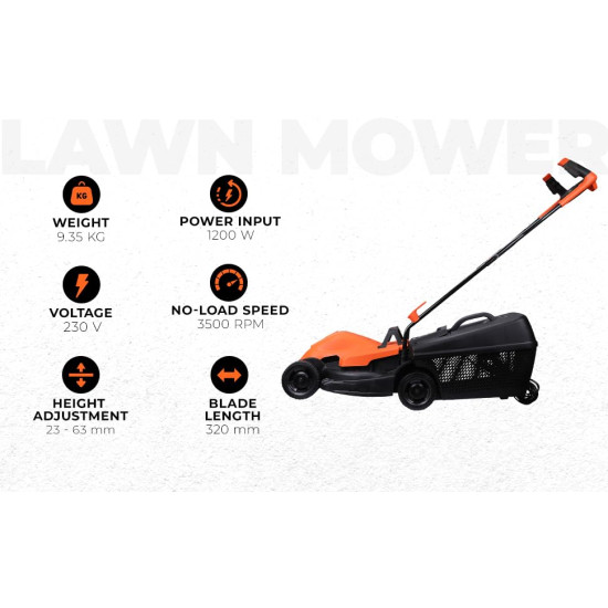Black + Decker Bemw451Bh 1200W 35L 14" Winged Blade Electric Grassbox Lawn Mower With Bike Handle For Maintaining Gardens Of Upto 300 Square Meters, 1 Year Warranty, Orange & Black