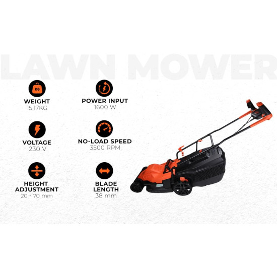 Black + Decker Bemw471Bh 1600W 45L 14" Winged Blade Electric Grassbox Lawn Mower With Bike Handle For Maintaining Gardens Of Upto 600 Square Meters, 1 Year Warranty, Orange & Black