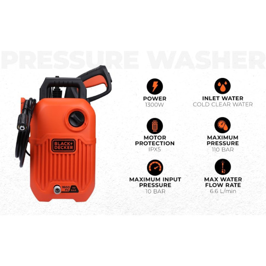 Black + Decker BEPW1600-IN 1300W 1600 PSI 110 Bar Pressure Washer for Car wash and Home use (Red & Black), 1 Year Warranty