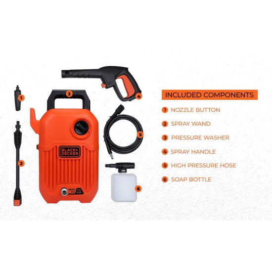 Black + Decker BEPW1600-IN 1300W 1600 PSI 110 Bar Pressure Washer for Car wash and Home use (Red & Black), 1 Year Warranty