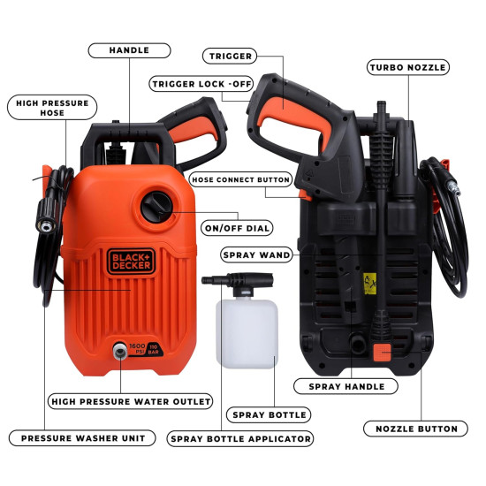 Black + Decker BEPW1600-IN 1300W 1600 PSI 110 Bar Pressure Washer for Car wash and Home use (Red & Black), 1 Year Warranty