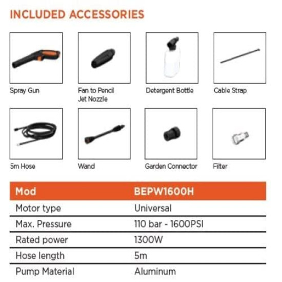 Black + Decker Bepw1600H 1300W 1600 Psi 110 Bar Horizontal Pressure Washer for Car, Bike, Home & Garden Cleaning Use with Multiple Accessories Included, 1 Year Warranty, Orange & Black