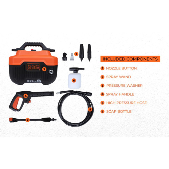 Black + Decker Bepw1600H 1300W 1600 Psi 110 Bar Horizontal Pressure Washer for Car, Bike, Home & Garden Cleaning Use with Multiple Accessories Included, 1 Year Warranty, Orange & Black