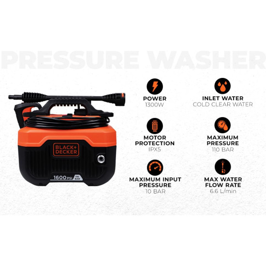 Black + Decker Bepw1600H 1300W 1600 Psi 110 Bar Horizontal Pressure Washer for Car, Bike, Home & Garden Cleaning Use with Multiple Accessories Included, 1 Year Warranty, Orange & Black
