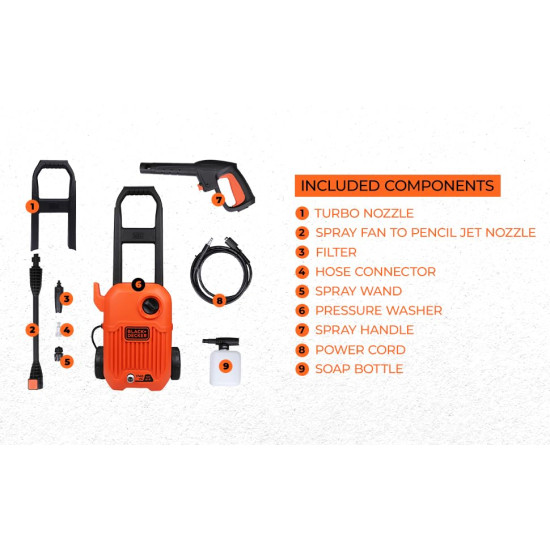 Black + Decker Bepw1750-In 1300W 1740 Psi 120 Bar Pressure Washer for Car Wash and Home Use (Red & Black)
