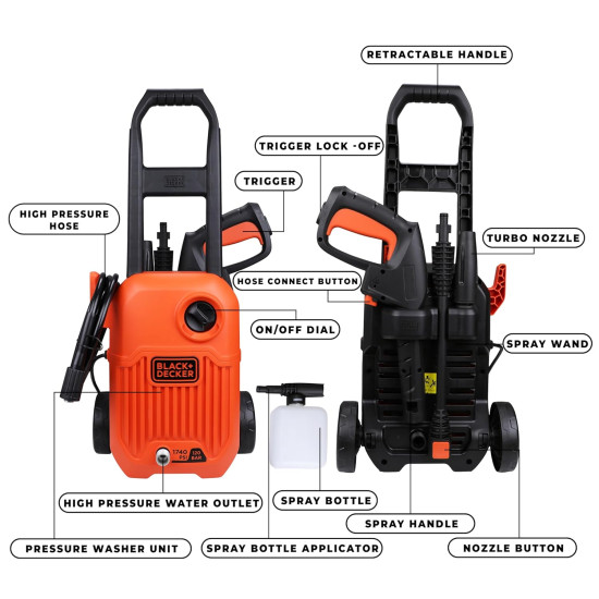 Black + Decker Bepw1750-In 1300W 1740 Psi 120 Bar Pressure Washer for Car Wash and Home Use (Red & Black)