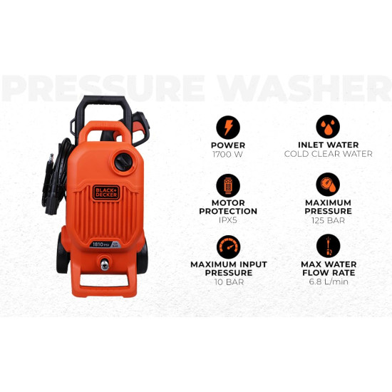 Black + Decker Bepw1800T 1500W 1810 Psi 125 Bar Pressure Washer for Car, Bike, Home & Garden Cleaning Use with Multiple Accessories Included, 1 Year Warranty, Orange & Black