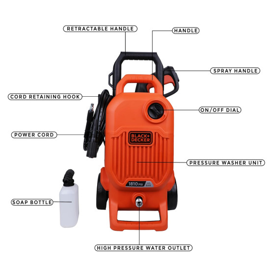 Black + Decker Bepw1800T 1500W 1810 Psi 125 Bar Pressure Washer for Car, Bike, Home & Garden Cleaning Use with Multiple Accessories Included, 1 Year Warranty, Orange & Black
