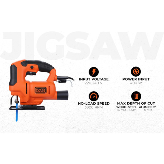 BLACK+DECKER BES603-IN 400W 240 V, 3000 RPM corded variable speed jigsaw to Cut High Density Materials, For Home, DIY & Professional Use, 1.6kg+ 1 Year Warranty, ORANGE & BLACK