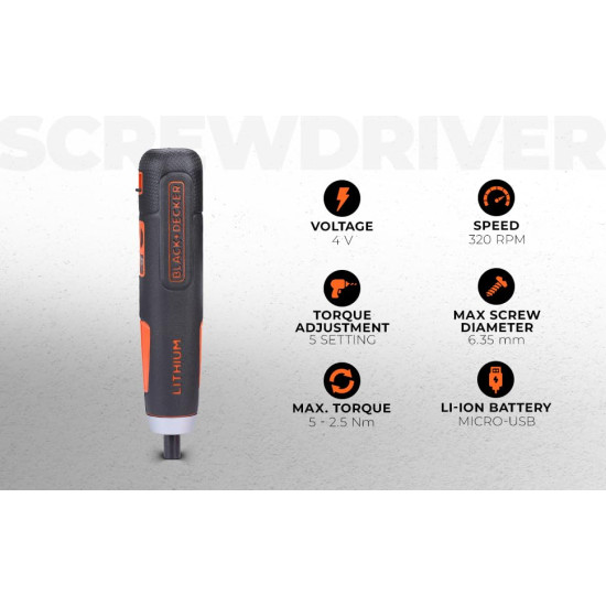 BLACK+DECKER BD40K27 4V 6.35mm Li-ion Cordless Screwdriver with E-Clutch and Intelligent Torque System with 2 LED Worklights & 27-Piece Accessories for Home & DIY Use, 1 Year Warranty, ORANGE & BLACK