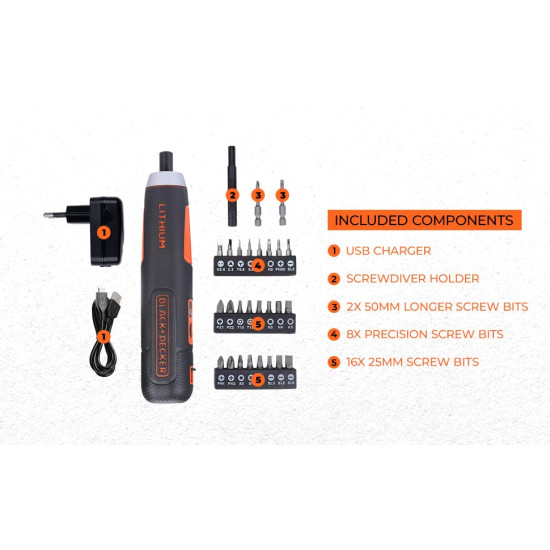 BLACK+DECKER BD40K27 4V 6.35mm Li-ion Cordless Screwdriver with E-Clutch and Intelligent Torque System with 2 LED Worklights & 27-Piece Accessories for Home & DIY Use, 1 Year Warranty, ORANGE & BLACK