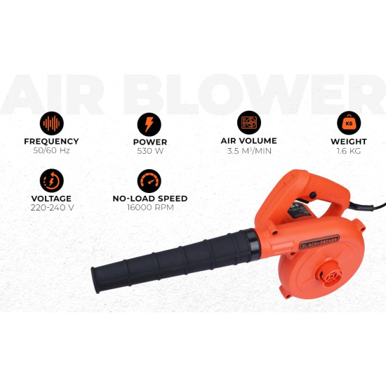 BLACK+DECKER BDB530 530W Single Speed Air Blower with Dual Modes of Blowing & Suction and Attached Dust Bag for Dirt Collection for Home & DIY Use, 1 Year Warranty, ORANGE & BLACK