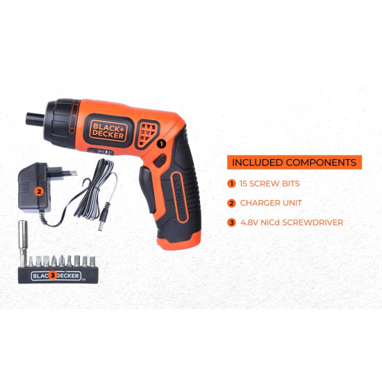 BLACK+DECKER BDCS36F-IN Li-Ion Cordless Screwdriver Kit with 10 Screwdriver Bits, 3.6 volts, 7 Torque Positions & LED Guiding Light for Home & Professional Use, 1 Year Warranty (Orange)
