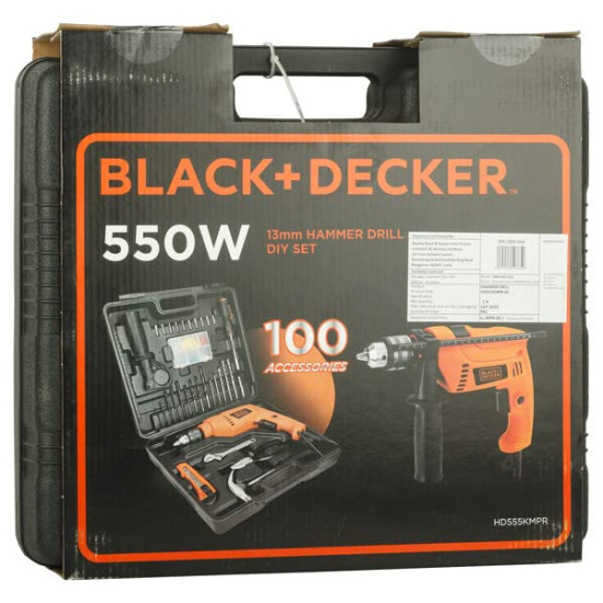 BLACK+DECKER HD555KMPR-B1 13mm 550Watt Hammer Drill and Hand Tools Kit for Home, DIY and Professional use -100 pc & Black + Decker KX1800 1800 W Dual Temperature 2 Speed Heat Gun | (Orange and Black)