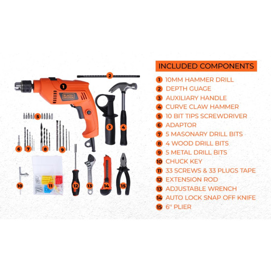 BLACK+DECKER HD555KMPR-B1 13mm 550Watt Hammer Drill and Hand Tools Kit for Home, DIY and Professional use -100 pc & Black + Decker KX1800 1800 W Dual Temperature 2 Speed Heat Gun | (Orange and Black)