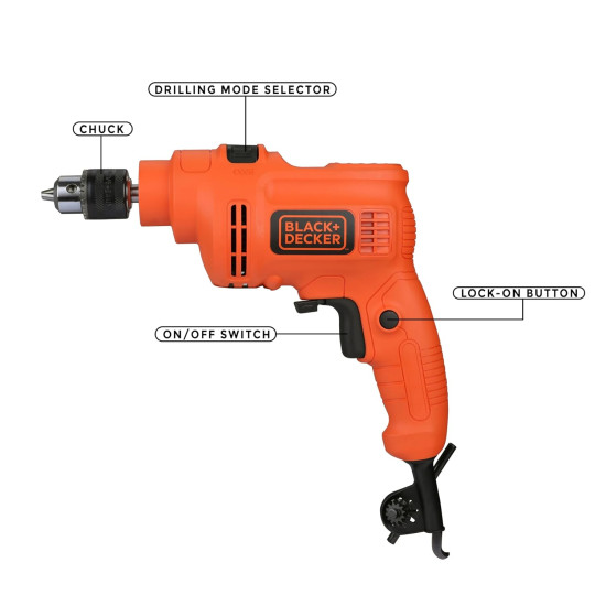 BLACK+DECKER KR5010V 550W 10mm 2800 RPM Corded Variable Speed Hammer Drill Driver Machine For Home & DIY Use for drilling into masonry, steel and wood, 1 Year Warranty, ORANGE & BLACK