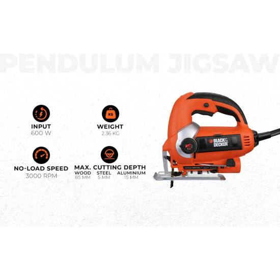 BLACK+DECKER KS900EKX 600W Corded Variable Speed Slightline Autoselect Pendulum Jigsaw with Kitbox and 10 blades included to Cut High Density Materials, 1 Year Warranty, ORANGE & BLACK