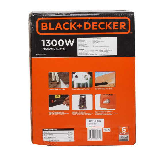 BLACK+DECKER PW1370TD-IN 1300W 100Bar, 360L/Hr Pressure Washer for Car wash and Home use (Orange and Black)