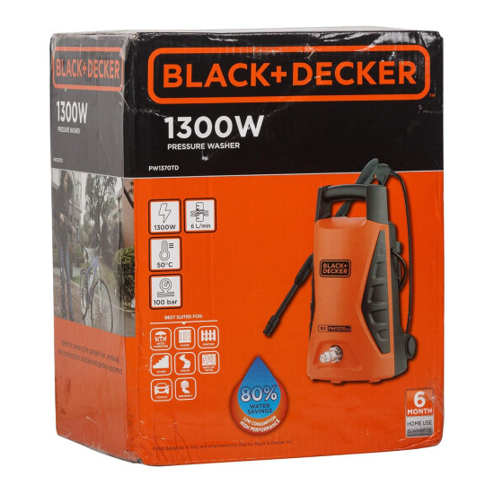 BLACK+DECKER PW1370TD-IN 1300W 100Bar, 360L/Hr Pressure Washer for Car wash and Home use (Orange and Black)