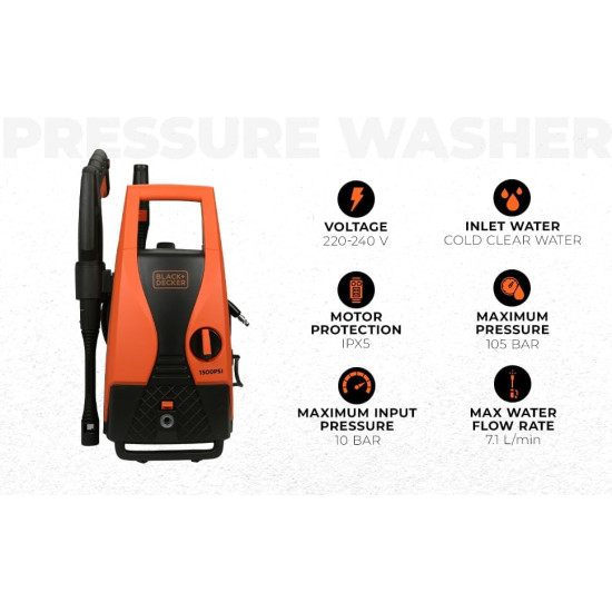 BLACK+DECKER PW1450TD 1400Watt 105 Bar, 7.1 L/Min Flow Rate Pressure Washer for Car wash and Home use (Red & Black)