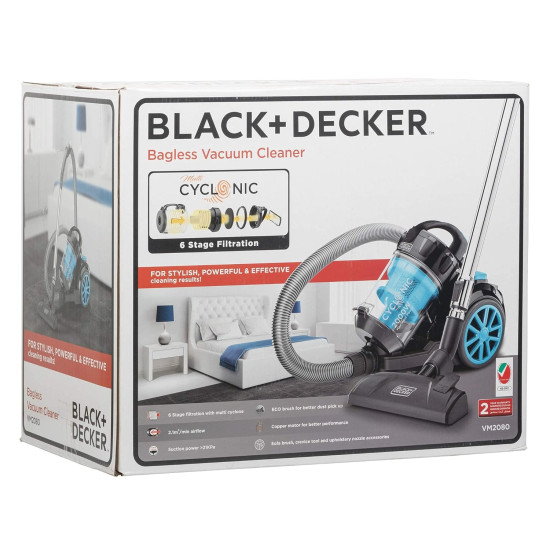 BLACK+DECKER VM2080 2000-Watt, 21 Kpa High Suction, 2.5L dustbowl Bagless Multicyclonic Vacuum Cleaner with 6 Stage Filteration (Blue and Black)