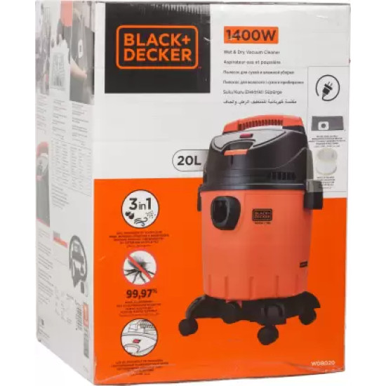 BLACK+DECKER WDBD20 20-Litre, 1200 Watt , 16 KPa High Suction Wet and Dry Vacuum Cleaner and Blower with HEPA Filter and Reusable Dustbag (Red/Grey)
