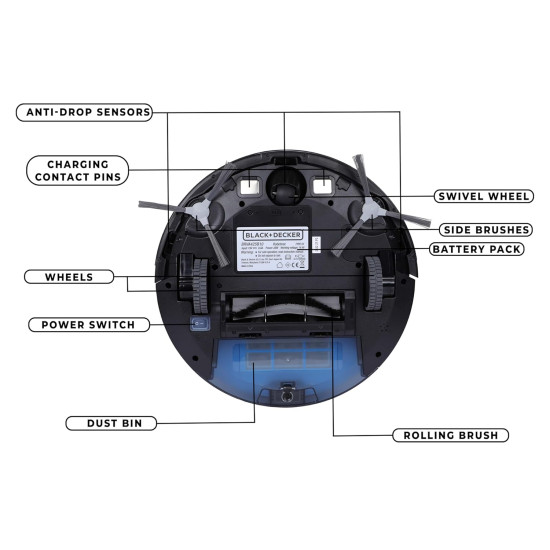 Black + Decker BRVA425B00-IN Alexa & Google Enabled Multi-Utility Robotic Vacuum Cleaner with 2xAAA Battery | 2000 pa Strong Suction Power I 120 min Runtime | Smart App and Voice Enabled I Black