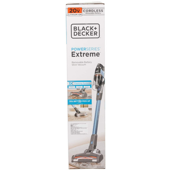 Black + Decker BSV2020G Power Series Cordless Stick Vacuum Cleaner with Floorhead LEDs, For Cleaning Hard Floors, Area Rugs & Carpet, 20V Li-ion 40 AW,1 Year Warranty, Blue