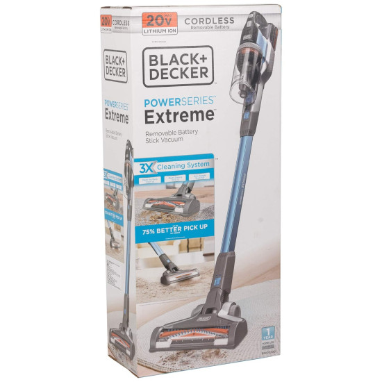 Black + Decker BSV2020G Power Series Cordless Stick Vacuum Cleaner with Floorhead LEDs, For Cleaning Hard Floors, Area Rugs & Carpet, 20V Li-ion 40 AW,1 Year Warranty, Blue