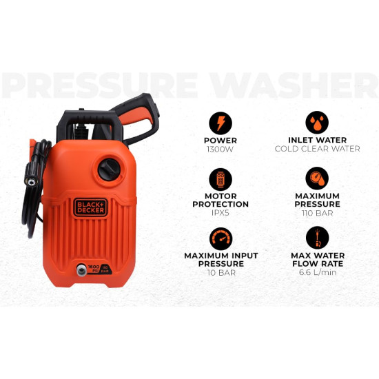 Black + Decker BEPW1600-IN 1300W 1600 PSI 110 Bar Pressure Washer for Car wash and Home use (Red & Black), 1 Year Warranty