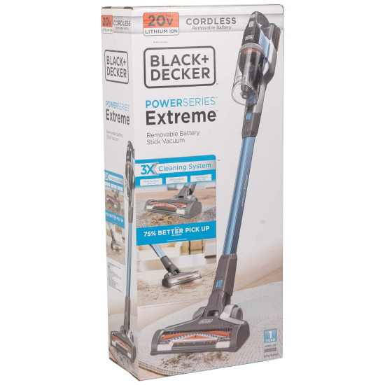 Black + Decker BSV2020G Power Series Cordless Stick Vacuum Cleaner with Floorhead LEDs, For Cleaning Hard Floors, Area Rugs & Carpet, 20V Li-ion 40 AW,1 Year Warranty, Blue
