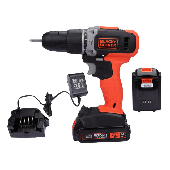 Black + Decker Bcd003C1 18V 10Mm Cordless Variable Speed Hammer Drill Machine With 1X1.5Ah Li-Ion Battery & Led Backlight For Home & Diy Use, 1 Year Warranty, Orange & Black