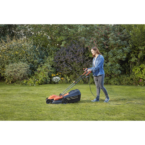 Black + Decker Bemw451Bh 1200W 35L 14" Winged Blade Electric Grassbox Lawn Mower With Bike Handle For Maintaining Gardens Of Upto 300 Square Meters, 1 Year Warranty, Orange & Black