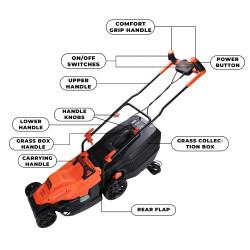 Black + Decker Bemw471Bh 1600W 45L 14" Winged Blade Electric Grassbox Lawn Mower With Bike Handle For Maintaining Gardens Of Upto 600 Square Meters, 1 Year Warranty, Orange & Black