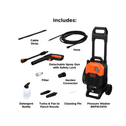 Black + Decker Bepw2200 1700W 2175 Psi 150 Bar Pressure Washer for Car, Bike, Home & Garden Cleaning Use with Multiple Accessories Included, 1 Year Warranty, Orange & Black
