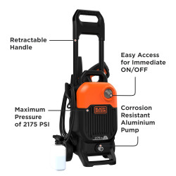 Black + Decker Bepw2200 1700W 2175 Psi 150 Bar Pressure Washer for Car, Bike, Home & Garden Cleaning Use with Multiple Accessories Included, 1 Year Warranty, Orange & Black