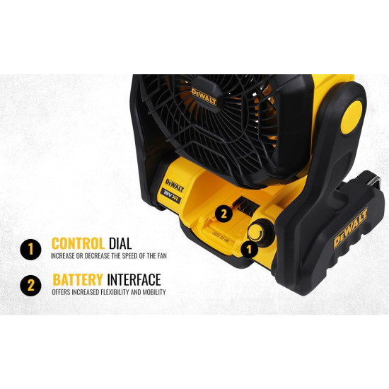 DEWALT DCE512N-XJ 18V XR 3000 RPM Fan Speed Cordless Brushless Portable Jobsite Fan - IP54 Rated (Bare Tool), Yellow & Black