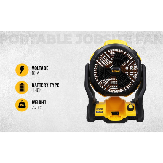 DEWALT DCE512N-XJ 18V XR 3000 RPM Fan Speed Cordless Brushless Portable Jobsite Fan - IP54 Rated (Bare Tool), Yellow & Black