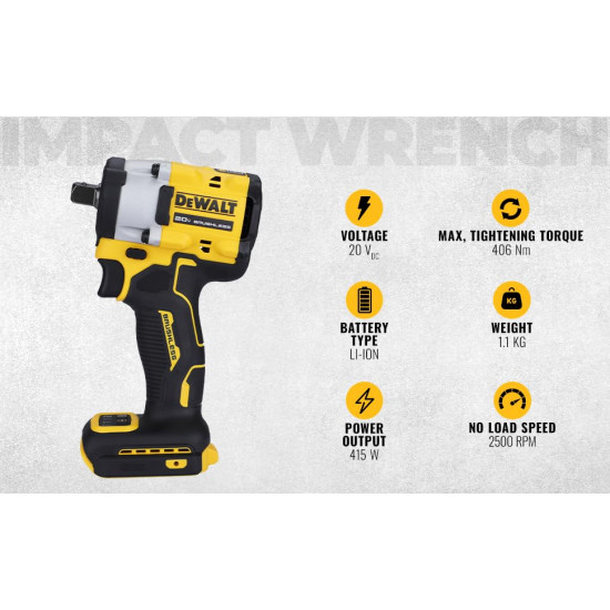 DEWALT DCF922M2-B1 1/2'' 20V Max Li-ion Reversible Cordless Brushless Compact Impact Wrench,610 Nm Torque with LED Ring Lighting (Bare Tool)