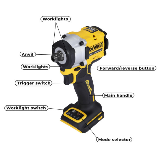 DEWALT DCF922M2-B1 1/2'' 20V Max Li-ion Reversible Cordless Brushless Compact Impact Wrench,610 Nm Torque with LED Ring Lighting (Bare Tool)