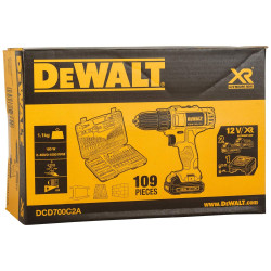 DEWALT DCD700D2A 12V, 10mm XR Li ion Cordless Drill Driver with 2x2.0 Ah Batteries + 109 Pieces Accessory Kit