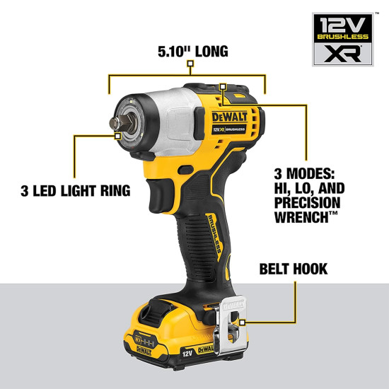 DEWALT DCF902D2-12V Li-ion Sub-Compact Series Cordless 3/8 Impact Wrench with Brushless Motor-2x2Ah Batteries Included