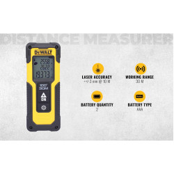 Dewalt Laser Distance Meter DWHT77100 (0.2 to 30 m Range, Laser Class 2, Measurement Tolerance: +/- 3 mm / 10 m, Length, Areas, Volume & Pythagoras Measurements, Easy Operation)